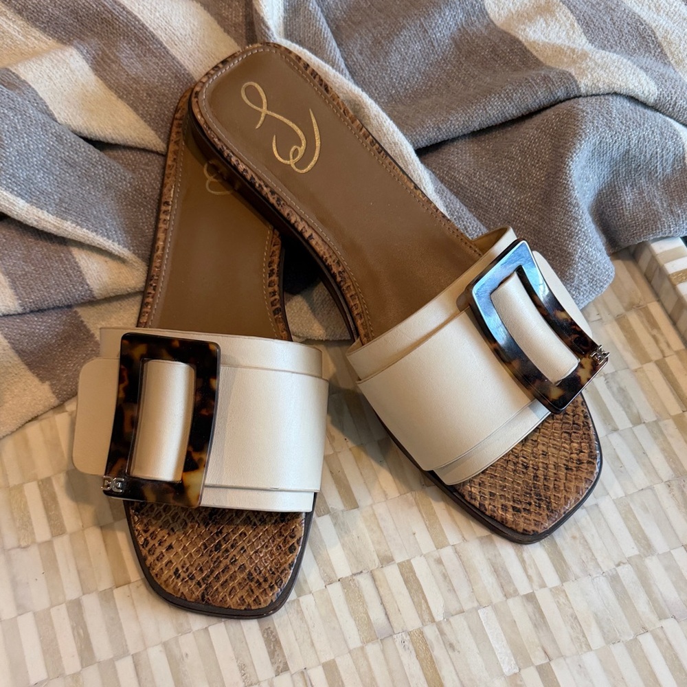 Sam Edelman Cream Slide Sandals with buckle detail